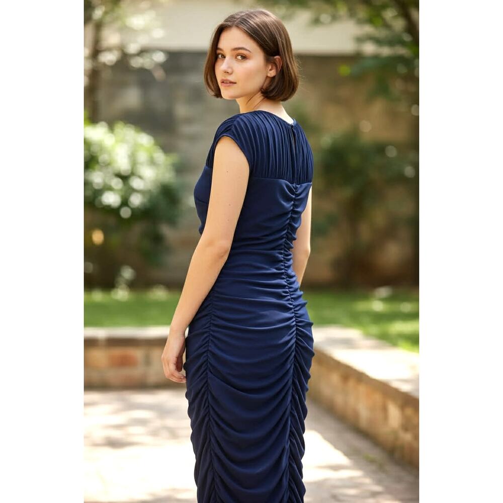 A Pea in the Pod Navy Poly/Spandex Ruched Maternity Career Dress L Stretch Midi - Picture 2 of 6